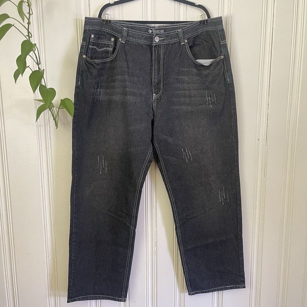 Jinzu Men Black Dark Wash Straight Leg Y2K Streetwear Denim Jeans Size 44